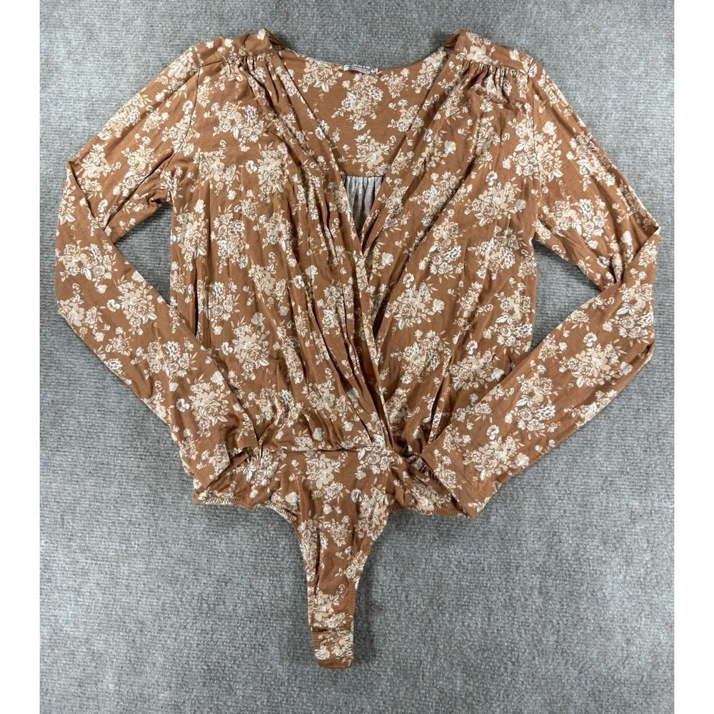 Free People Floral Surplice Wrap Long Sleeve Brown Bodysuit Top‎ Women S